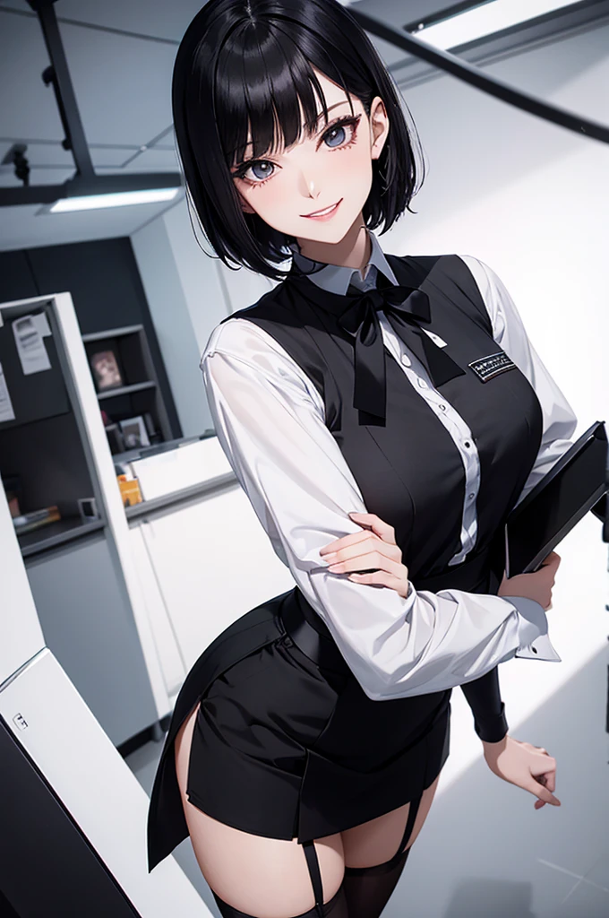 juri han, work of art, tight white secretary shirt with black tie, black high waist skirt, short skirt,stocking, black hair, black tights,evil smile,office,franja nos olhos,lighting,chifre de cabelos,view from above,olhando para baixo