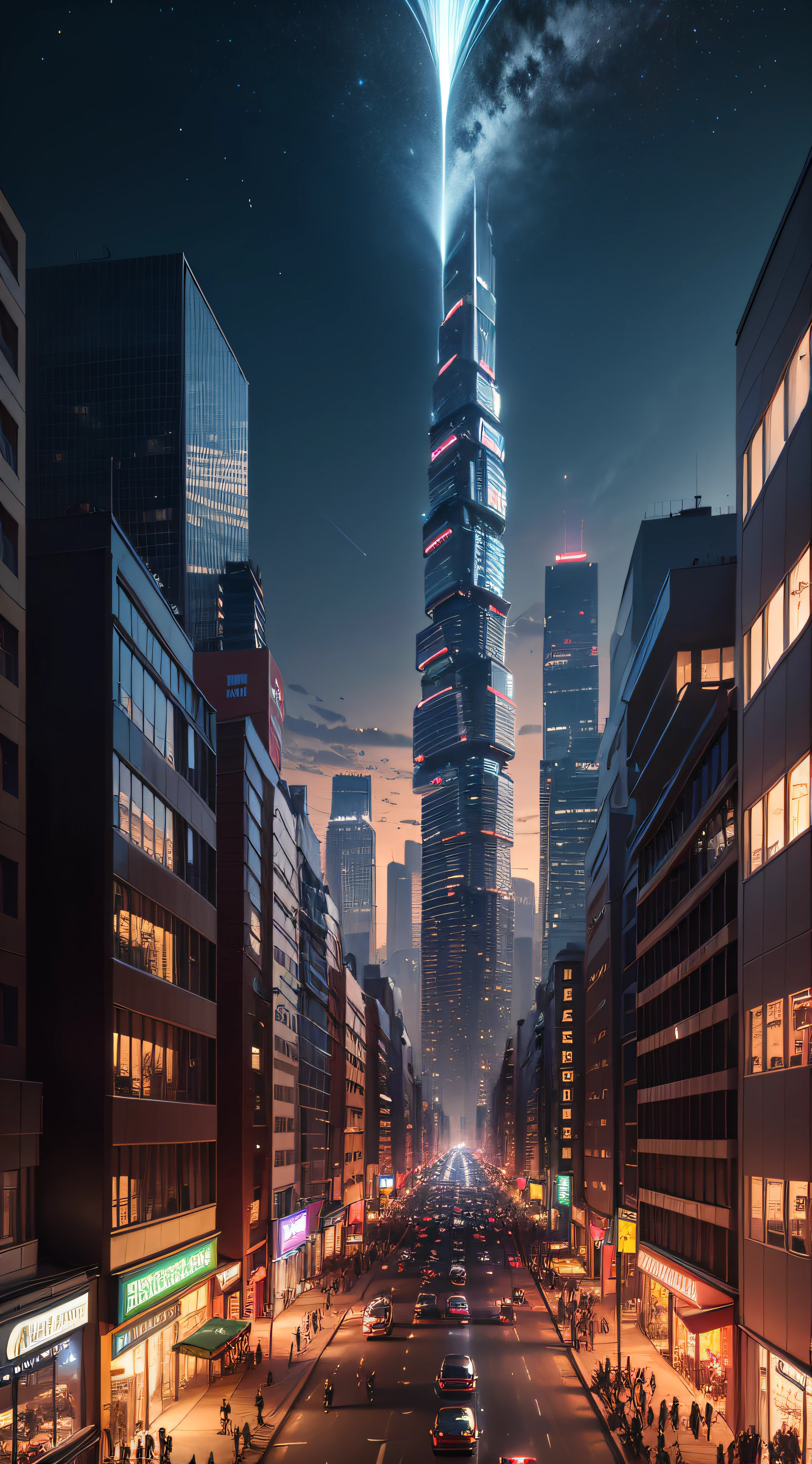 (highest quality,4K,High resolution,masterpiece:1.2),Super detailed,Realistic,Future City,Flying Men,Wide Shot,Majestic Background,Mountain々,at night,Sparkling Light,Cityscape,skyscraper,people々Busy streets,Future Technology,Flying vehicles,mystery,adventure
