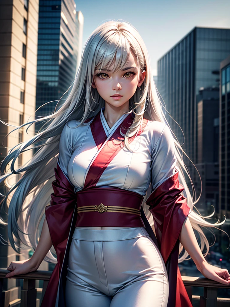 A beautiful young woman with silver hair and smooth long hair, wearing a stylish white and red kimono, standing in a beautiful full moon scenery, protected by god, ((White Wolf)), ready for battle, (best quality,4k,8k,highres,masterpiece:1.2),ultra-detailed,(realistic,photorealistic,photo-realistic:1.37),HDR,UHD,studio lighting,ultra-fine painting,sharp focus,physically-based rendering,extreme detail description,professional,vivid colors,bokeh,portraits,battle scenes、Jumping、Jump from building to building