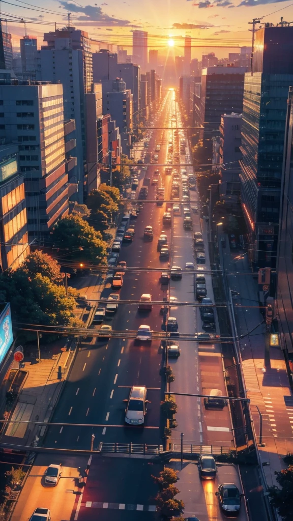 A shining sunset,sunset,Cars passing by on the road,Top-down view,Tokyo city,traffic jam