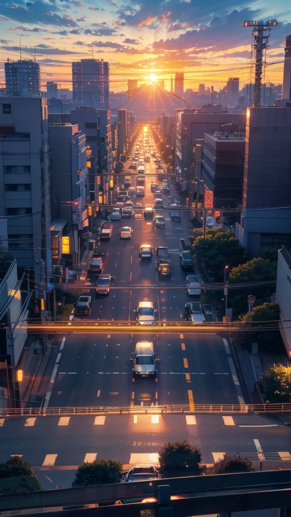 A shining sunset,sunset,Cars passing by on the road,Top-down view,Tokyo city,traffic jam