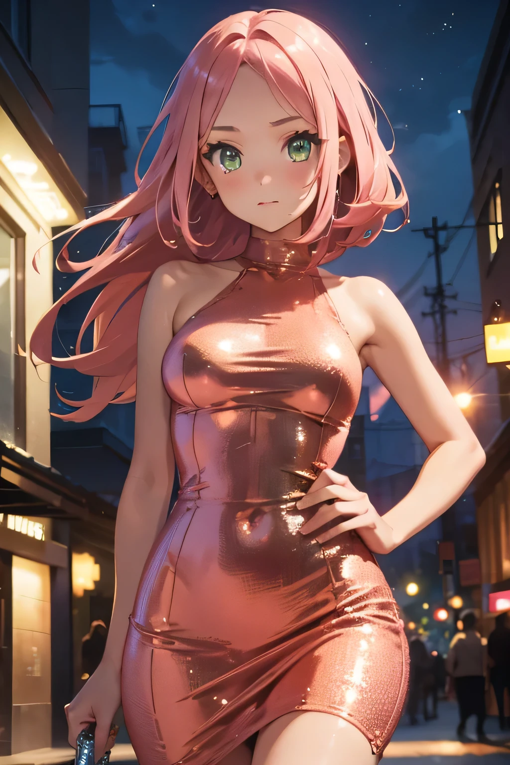 1 girl, single girl, cute, tan skin, long pink hair, green eyes, medium breasts, big hips, short sequined evening dress, short tight dress, celebrity, famous, night