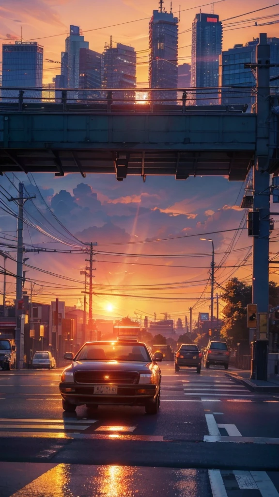 A shining sunset,sunset,Cars passing by on the road,Tokyo city,traffic jam