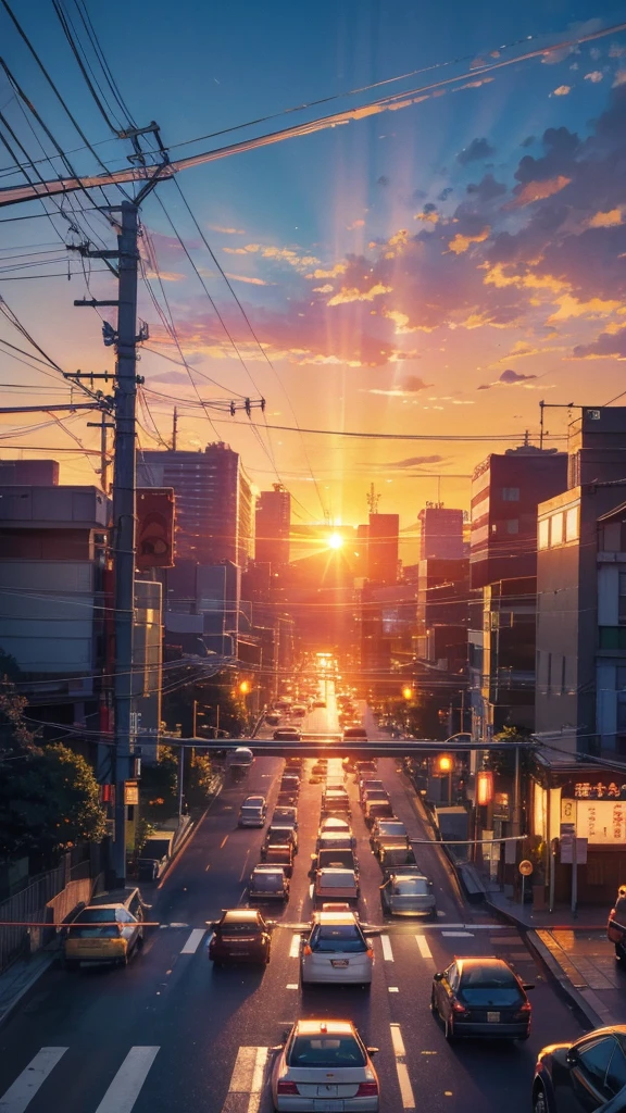 A shining sunset,sunset,Cars passing by on the road,Tokyo city,traffic jam