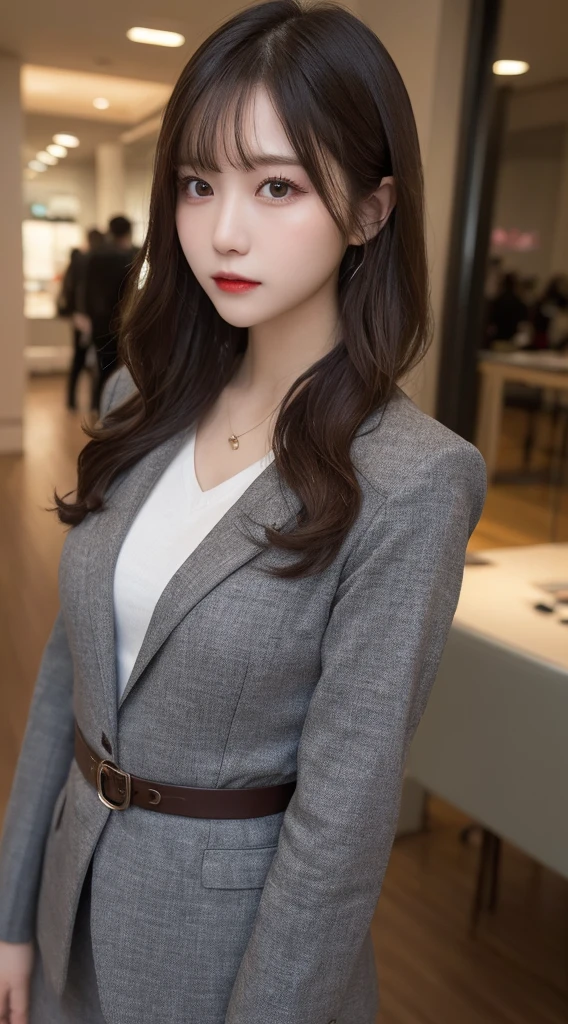 Tabletop, highest quality, figure, Super detailed, In detail, High resolution, 8k wallpaper, Perfect dynamic composition, Beautiful fine details, senior,OL,Long sleeve、Grey Suit,Medium Hair, Big Breasts, Natural color lip, Random sexy poses,train,20-year-old girl