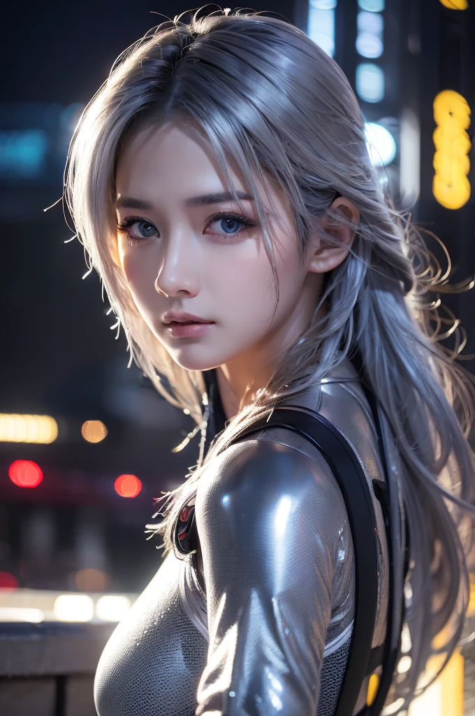 highest quality、8k Masterpiece、超A high resolution、(Photorealistic:1.3)、RAW Photos、1 girl、Silvery white hair、Glowing Skin、Super beautiful cyberpunk soldier、((Ultra-Realistic Details))、Portrait、Global Illumination、Shadow、Octane Rendering、8k、Super sharp、Beautiful breasts、Metal、Cold colors、、Very intricate details、Realistic Light、CGSoation Trend、Beautiful Eyes、Shining Eyes、To the camera、Neon Details、wearing futuristic combat uniforms、Standing on the rooftop of a futuristic city、Long hair swaying in the wind