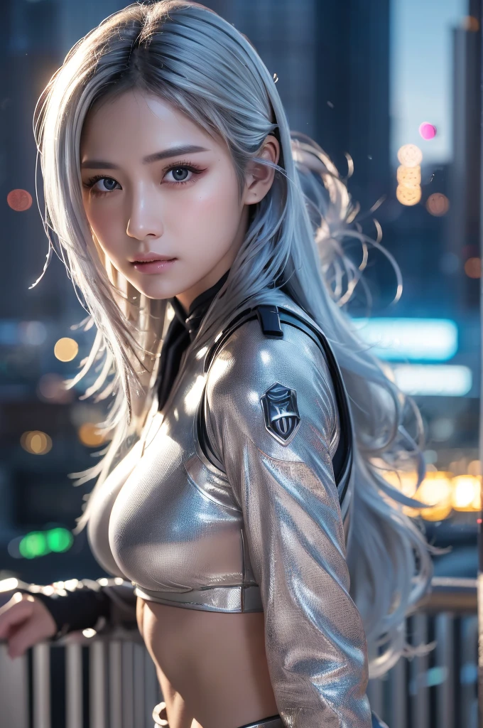 highest quality、8k Masterpiece、超A high resolution、(Photorealistic:1.3)、RAW Photos、1 girl、Silvery white hair、Glowing Skin、Super beautiful cyberpunk soldier、((Ultra-Realistic Details))、Portrait、Global Illumination、Shadow、Octane Rendering、8k、Super sharp、Beautiful breasts、Metal、Cold colors、、Very intricate details、Realistic Light、CGSoation Trend、Beautiful Eyes、Shining Eyes、To the camera、Neon Details、wearing futuristic combat uniforms、Standing on the rooftop of a futuristic city、Long hair swaying in the wind