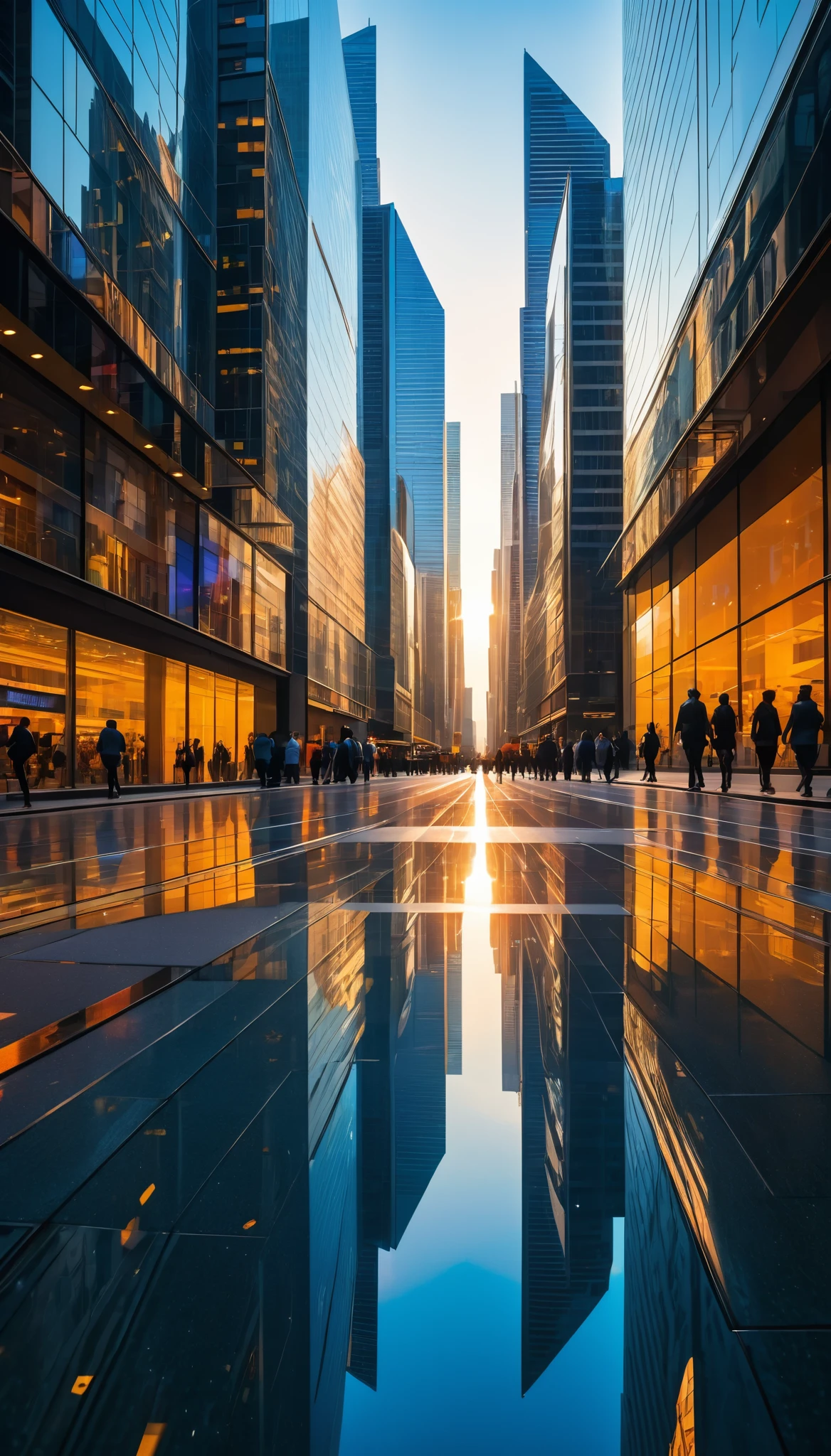 sharp focus, vibrant colors, bustling streets, busy traffic, people walking and shopping, reflection in windows, modern architecture, huge geometric shapes skyscrapers reaching the sky,(huge geometric shape:1.2) busy city life, urban energy, vibrant atmosphere, clear blue sky, golden hour lighting.