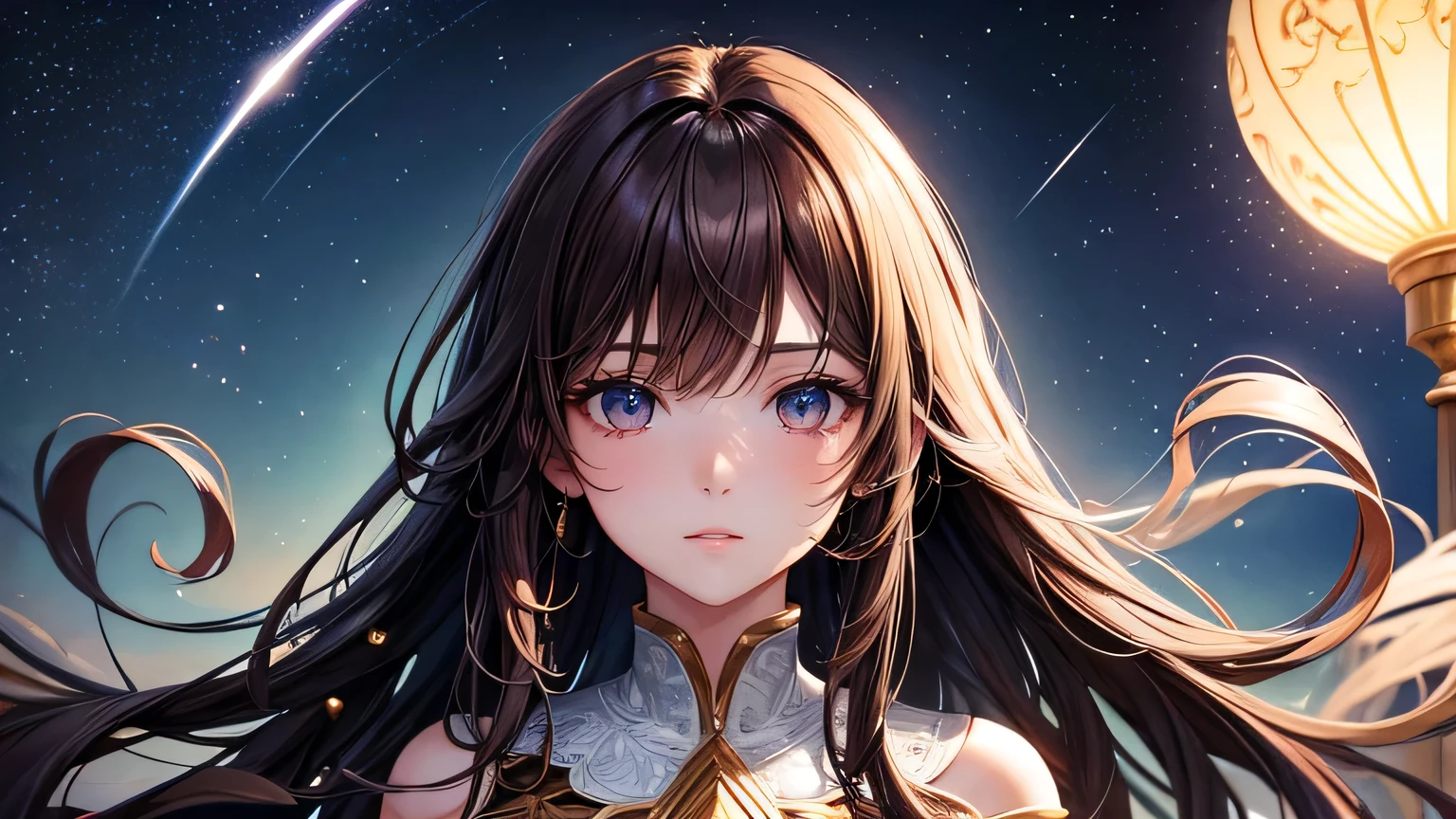 Beautiful woman 1.3, Beautiful brown hair、Straight Long Hair: 1.2, summer: 1.2,night: 1.1, Ultra-high resolution, Accurate, Super detailed, Textured skin, High detail, highest quality, 8k,Thin bangs,Upper Body,Well-drawn eyes, Focus on the face,Dressing in a modern style,Detailed hair depiction,Detailed depiction of eyes、Detailed depiction of hair、Upper Body、Starry Sky