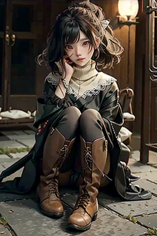 girl, (Hair in one eye:1.2),,pantyhose,boots