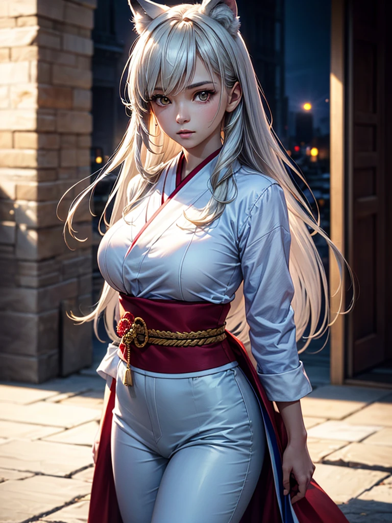 A beautiful young woman with silver hair and smooth long hair, wearing a stylish white and red kimono, standing in a beautiful full moon scenery, protected by god, ((White Wolf)), ready for battle, (best quality,4k,8k,highres,masterpiece:1.2),ultra-detailed,(realistic,photorealistic,photo-realistic:1.37),HDR,UHD,studio lighting,ultra-fine painting,sharp focus,physically-based rendering,extreme detail description,professional,vivid colors,bokeh,portraits,battle scenes、Jumping、Jump from building to building