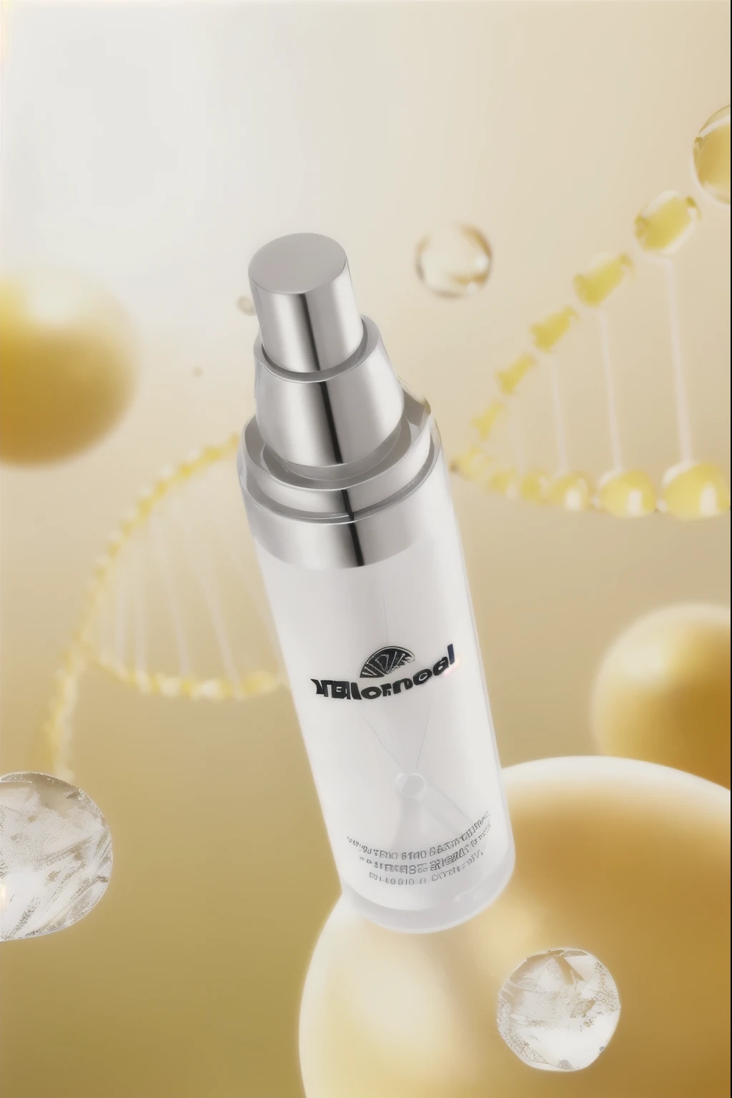 Close-up of a bottle of water,DNA in the background, Synthetic biological skin, uv, product, night, Professional product shooting, energetic feel, High-quality local rendering, 官方product照片, best seller, screenshot, Radiant Skin, 商业product摄影, Product close-up photos, Full view, Fair and shiny skin, energetic
