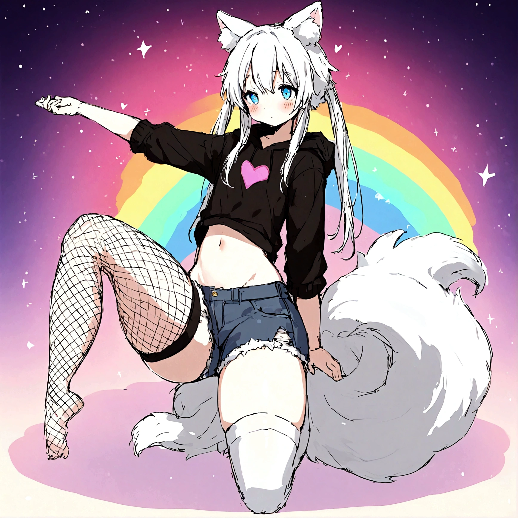 a cute adult male with wolf ears,long white hair with long locks, has a wolf tail, wearing a loose cropped oversized black hoodie, wearing a pair of denim short shorts and thigh high fishnet stockings, thick thighs, wide hips, relaxing on mound of fluffy multi colored kawaii plushies, short, very slim, showing slender tummy, stretching out, heart on hoodie, squishy thighs, has glowing blue eyes. alone, solo (ALONE)(SOLO), surrounded by rainbows, colorful galaxy backround, nice butt