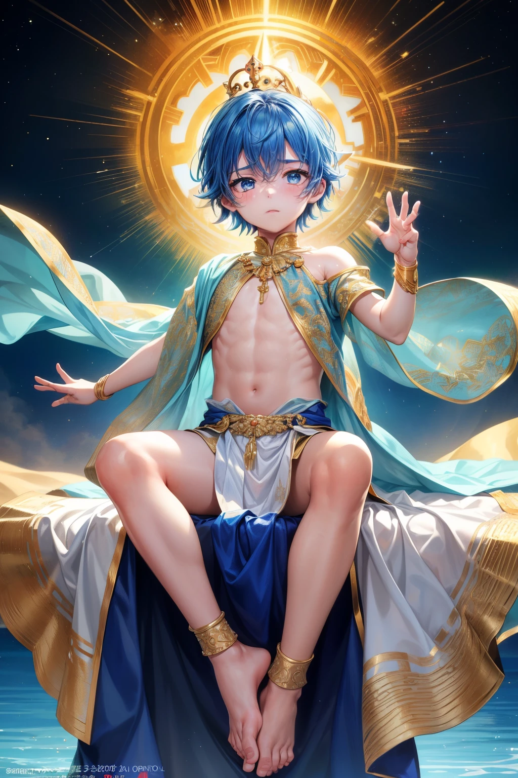 4k resolution, (Masterpiece:1), A  boy with vibrant, iridescent, cyan eyes and bare feet, arms raised in a triumphant pose, evoking an epic, cinematic feel. (Young:1.4), (Child:1.4), (Shota:1.4), (Male:1.4), (Boy:1.4), adorned in royal clothes fit for a king, evoking a sense of Royalty (1.4). The image focuses on his small, blushing feet, adding a touch of innocence and vulnerability to his epic posing. (Posing:1.4), (Cinematic:1), golden shiny