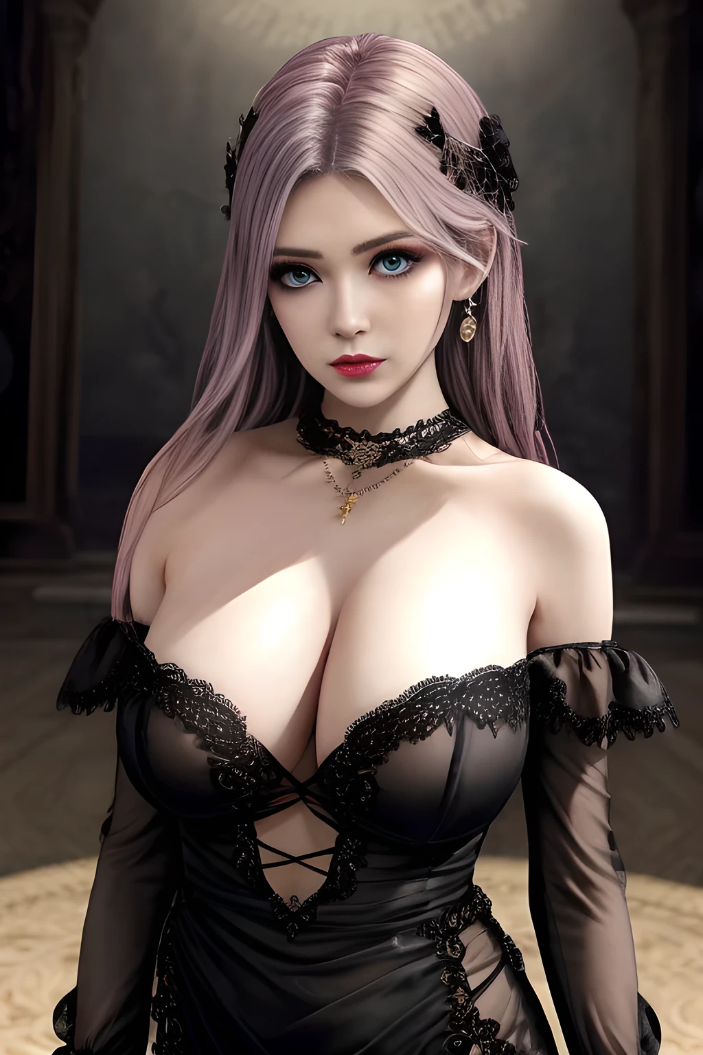 1girl, long sleeves, black dress, off shoulder, bare shoulders, long dress, (see-through), tulle dress,beautiful detailed eyes, beautiful detailed lips, extremely detailed eyes and face, long eyelashes, best quality, 4k, 8k, highres, masterpiece, ultra-detailed, realistic, photorealistic, photo-realistic, ethereal glow, regal elegance, intricate details, luxurious, otherworldly beauty, dark atmospheric background, supernatural aura,  elise,