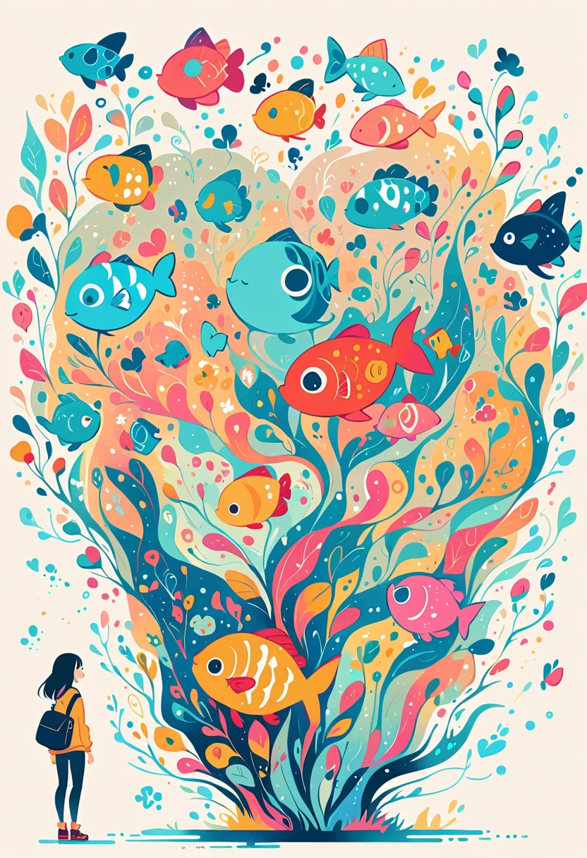 Takashi Murakami style, Standing in front of a high wall，Simple line initials，Abstract art，Urban background, (((The most beautiful girl))), Walking with a kitten, Aquarium tank,Colorful fish