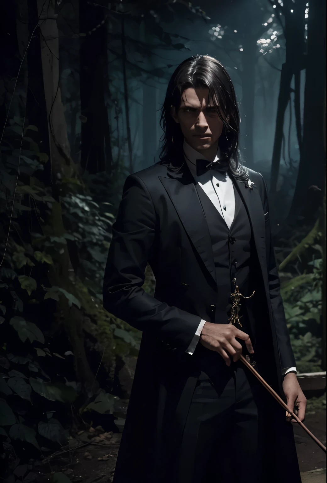 homem adulto violista de terno cercado por arvores macabras em um dark scenery, violinista com um olhar macabro, paganini, dark scenery, estilo horror, pesadelo, cena macabra, filme de terror, personagem com medo, floresta retorcida e sobrenatural, personagem sujo de sangue, noite sem lua, desolate and destroyed place, apocalipse