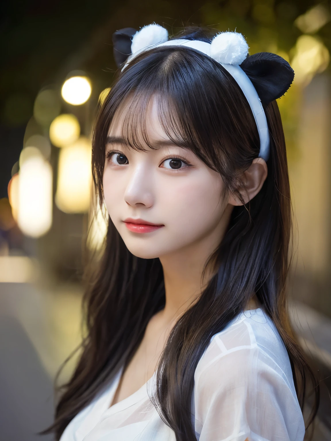 Cow headband, (highest quality,masterpiece:1.3,超A high resolution,),(Very detailed,Caustics),(Realistic:1.4,RAW shooting,)Ultra-Realistic Capture,Very detailed,High resolution 16K suitable for human skin、 Natural skin texture、、Skin tone is even and healthy looking、 Use natural light and color,One Woman,Japanese,,cute,Mid-length hair,(Written boundary depth、chromatic aberration、、Wide range of lighting、Natural Shading、)、(Outdoor lighting at night:1.4)、(Hair swaying in the wind:1)、(Exposure:3.0)、Sheer white shirt