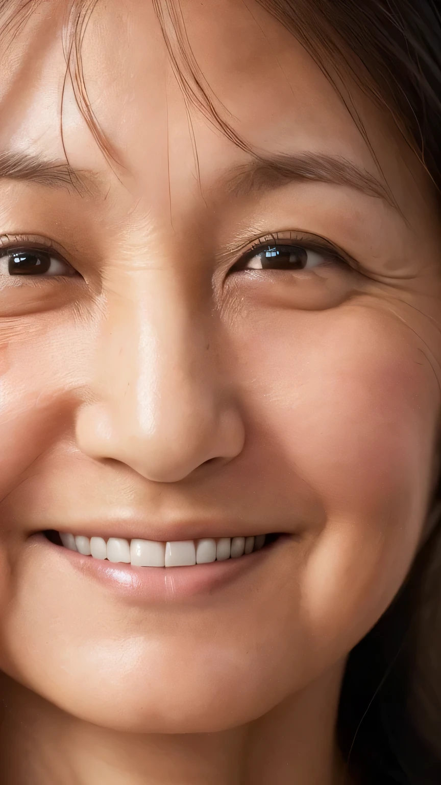 ((highest quality)), ((8K)), ((masterpiece: 1.3)), (Perfect appearance), (Photorealism: 1.6), (Ultra high definition), (1人のJapanese Mature), (60 years old, Japanese Mature), (Close-up of a face with a gentle smile: 1.6), ((Realistic skin texture)), (Fine lines all over the skin), (Dull skin), (Facial wrinkles), (Wrinkles around the eyes), double eyelid, Tear bags under the eyelids, (long, wavy hair), (shirt: 1.4), (Upper body portrait: 1.2),