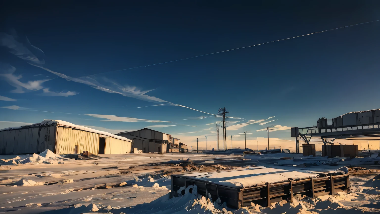 Dramatic lighting, chiaroscuro, post-apocalyptic, disused airfield, corrugated hangar in foreground, broken electricity pylons, cratered runway in the distance, rubble, deep snow, blue sky, sunny day