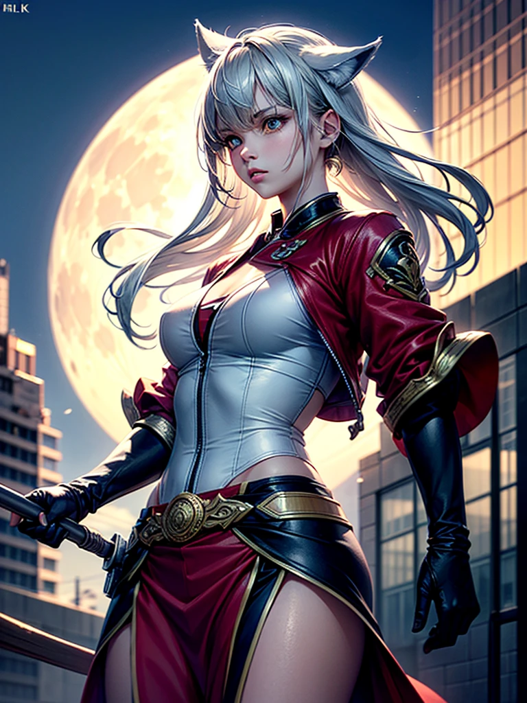 A beautiful young woman with silver hair and smooth long hair, wearing a stylish white and red kimono, standing in a beautiful full moon scenery, protected by god, ((White Wolf)), ready for battle, (best quality,4k,8k,highres,masterpiece:1.2),ultra-detailed,(realistic,photorealistic,photo-realistic:1.37),HDR,UHD,studio lighting,ultra-fine painting,sharp focus,physically-based rendering,extreme detail description,professional,vivid colors,bokeh,portraits,battle scenes、Jumping、Jump from building to building