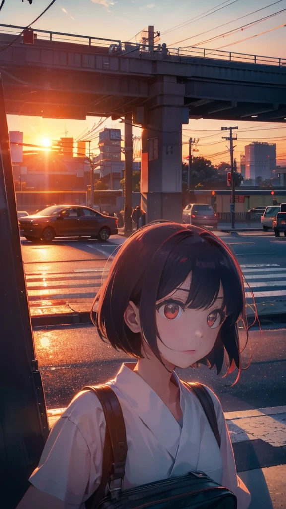 A shining sunset,sunset,Cars passing by on the road,Tokyo city,traffic jam,Short bob and red eyes girl1