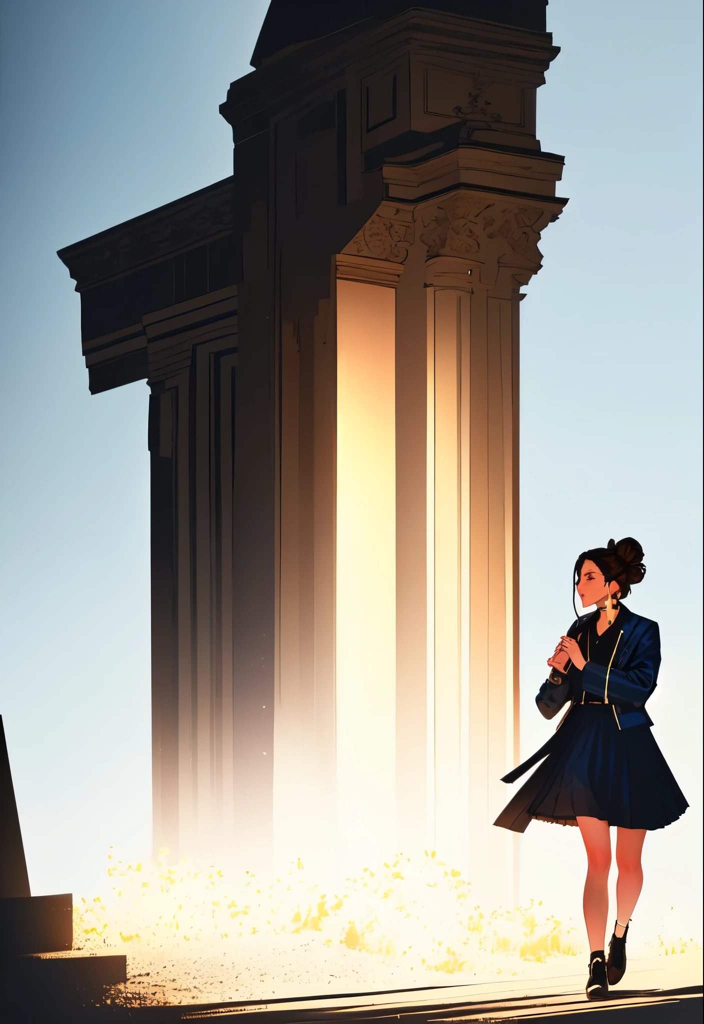 The environment is mysterious and elegant, Model, High contrast required, Jewelry, earrings, miniskirt, shirt, Jacket, brown hair, 白shirt, A bracelet, Hair Bun, single Hair Bun, long skirt, Shut up, Hoop Earrings, blue Jacket, roll up sleeves, Revealing clothes, cosmetic, White Skirt