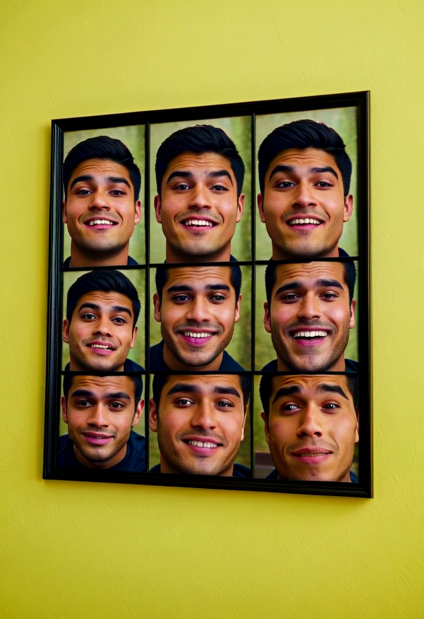 An image of a young man's face, repeated only three times, is displayed on the wall. The young man's face is photographed three times. Each face has a different expression from the other. The first face is smiling, the second face is frowning, and the third face is sad. The picture is framed and hung on the wall and contains only three faces.
2 colors Background