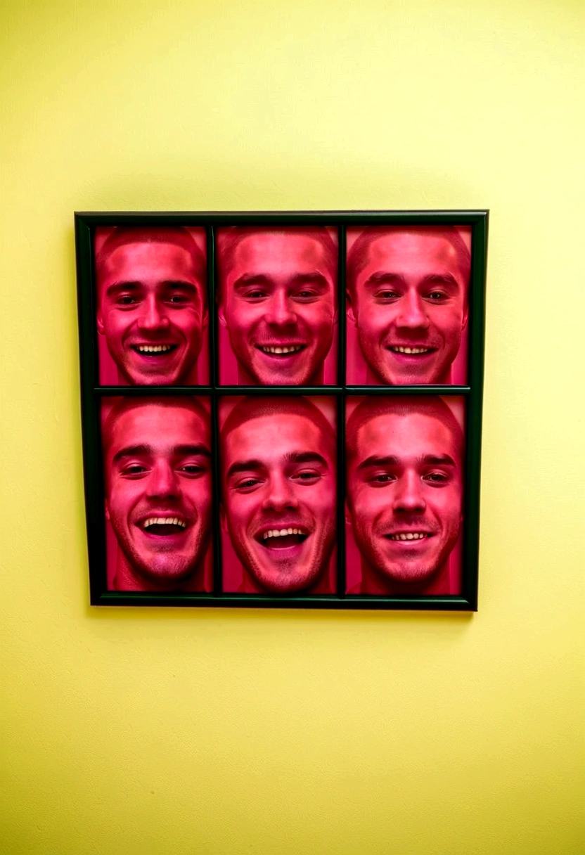 An image of a young man's face, repeated only three times, is displayed on the wall. The young man's face is photographed three times. Each face has a different expression from the other. The first face is smiling, the second face is frowning, and the third face is sad. The picture is framed and hung on the wall and contains only three faces.
2 colors Background