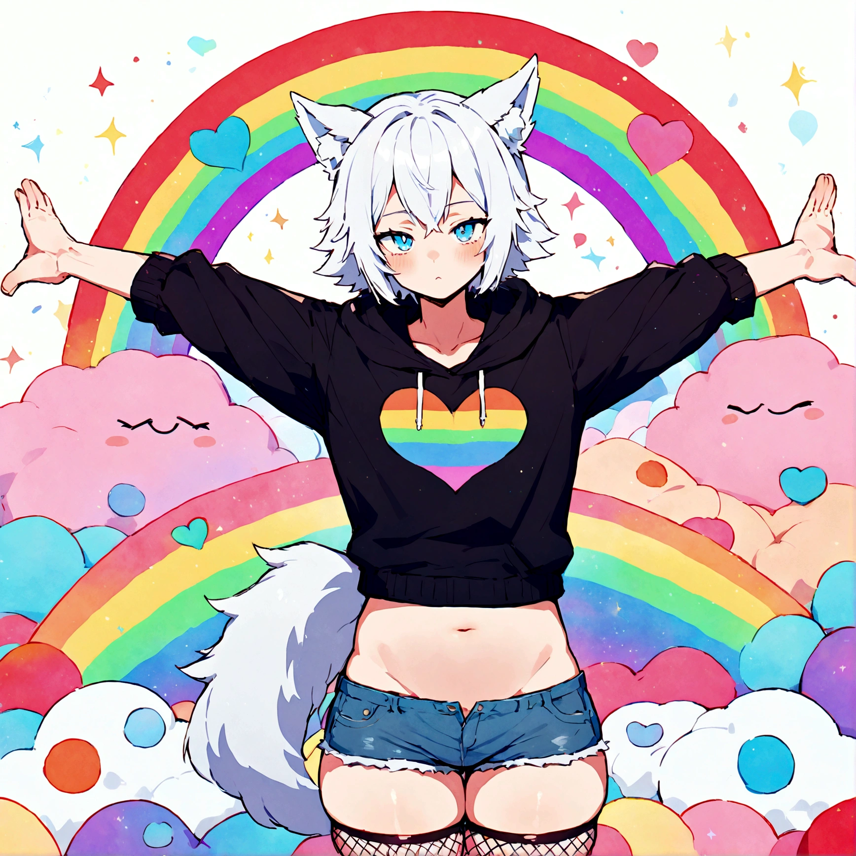 a cute adult male with wolf ears, white hair, has a wolf tail, wearing a loose cropped oversized black hoodie, wearing a pair of denim short shorts and fishnet stockings, thick thighs, wide hips, relaxing on mound of fluffy multi colored kawaii plushies, short, very slim, showing slender tummy, stretching out, heart on hoodie, squishy thighs, has glowing blue eyes. alone, solo (ALONE)(SOLO), surrounded by rainbows, colorful galaxy backround