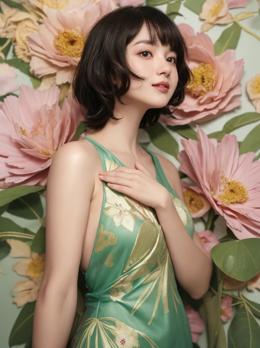(Masterpiece、Highest quality、Highest quality、official art、very beautiful:1.2)、(ผู้1 female:1.3)、smile softly、very detailed、(fractal art:1.1)、(colorful:1.1)(flower:1.3)、The most detailed、(tangled:1.2)、Beautiful face、detailed face、perfect proportions、bursting breasts、Big breasts, thin waist、Belly button、big ass、space between targets、dense、(dynamic poses)、(abstract background:1.3)、(Cheongsam dress:1.2)、(Shiny skin)、(There are many colors.:1.4)、、(earring:1.4)、1 female、Plump figure、Revealing outfit、おBelly buttonが露出した衣装