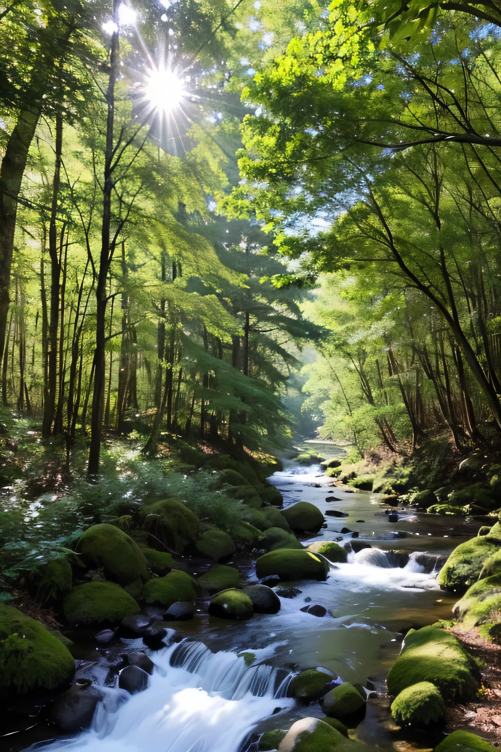 High-detail images in the forest In the sun through the trees The murmur of a river Very soothing scenery