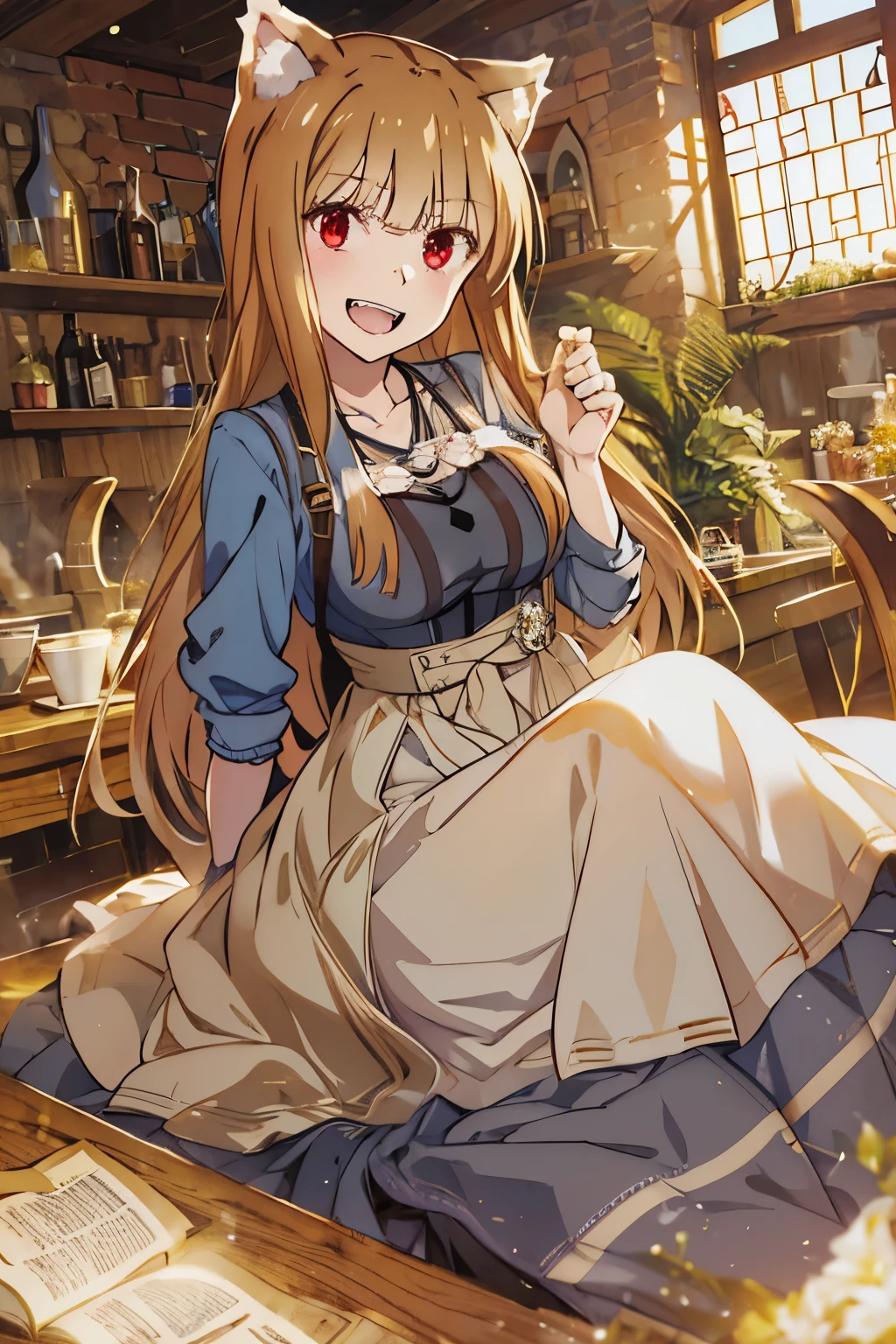 best quality,masterpiece,Dynamic lighting,High Angle, (Holo of Spice and Wolf),wearing a long skirt,long sleeves,My shoulders are exposed,bust,Sitting on a chair,a bewitching laugh,wave your right hand and say hello,tail wagging,Fangs that appear to be teeth,wooden table in front,sitting on a wooden chair,looking at the viewer,smiling brightly,afternoon,middle age,village inn restaurant