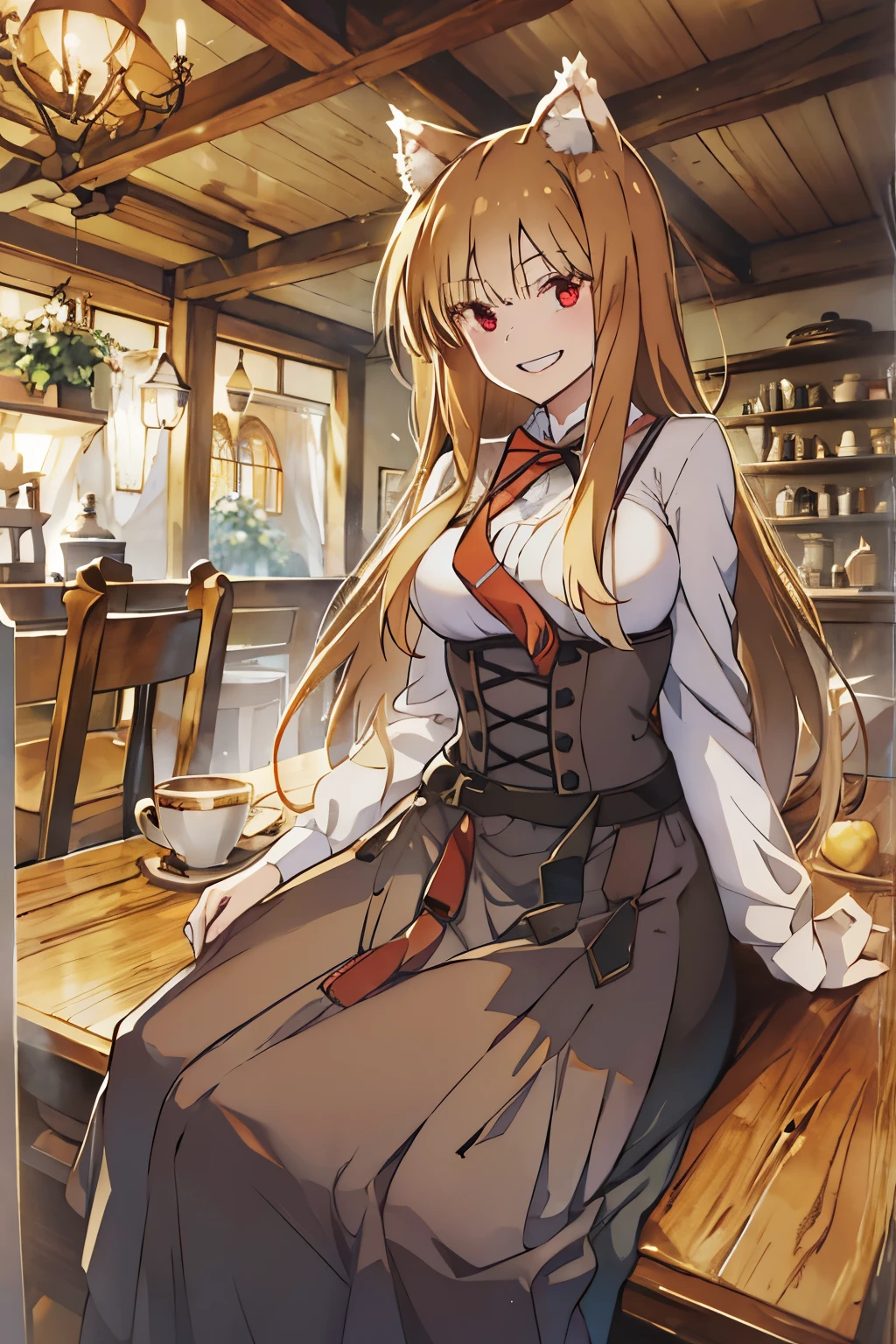 best quality,masterpiece,Dynamic lighting,High Angle, (Holo of Spice and Wolf),wearing a long skirt,long sleeves,My shoulders are exposed,bust,Sitting on a chair,a bewitching laugh,wave your right hand and say hello,tail wagging,Fangs that appear to be teeth,wooden table in front,sitting on a wooden chair,looking at the viewer,smiling brightly,afternoon,middle age,village inn restaurant