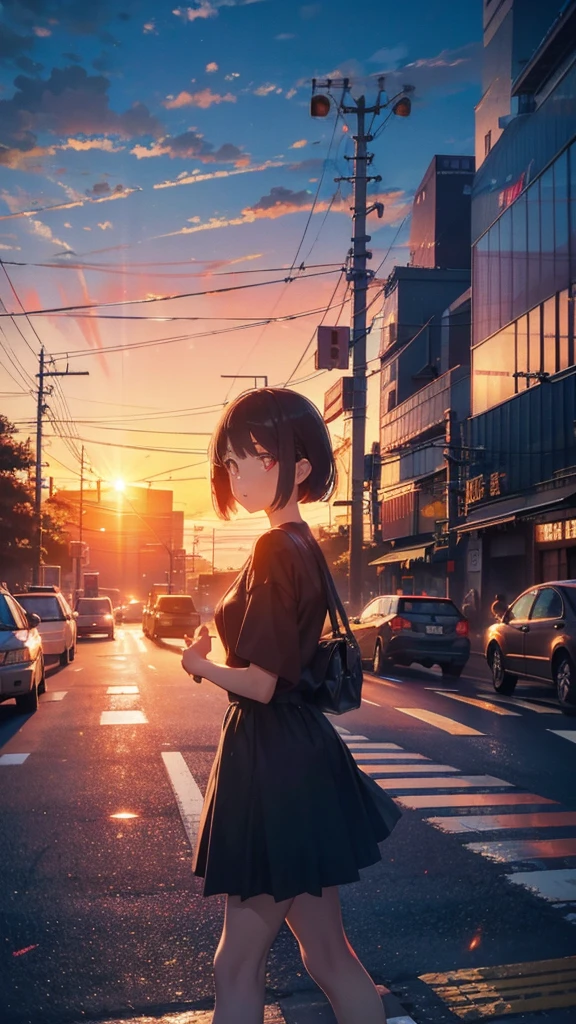 A shining sunset,sunset,Cars passing by on the road,Tokyo city,traffic jam,Girl 1 with short bob and red eyes is crossing the street