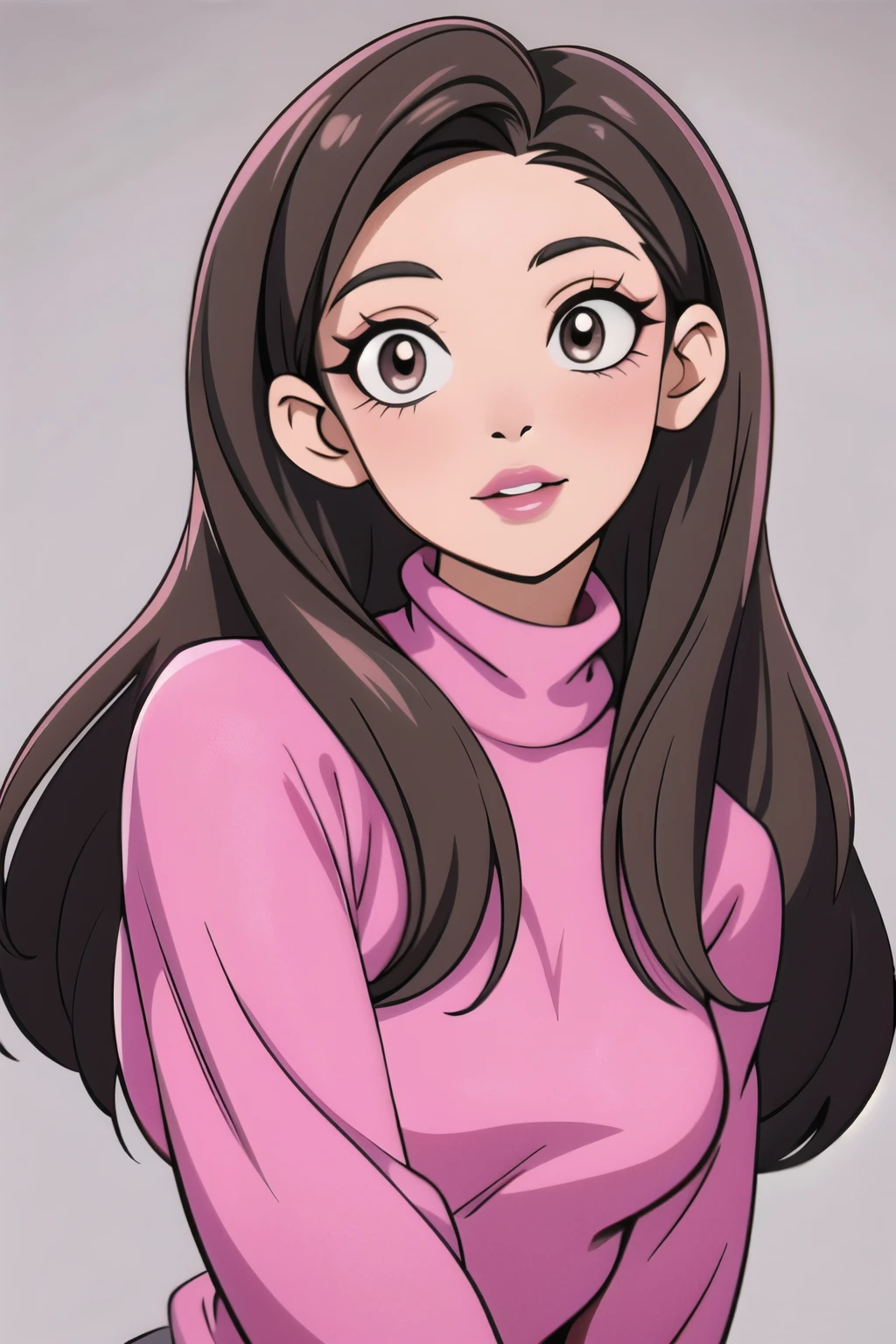 Girl, long light brown hair, dark gray eyes, sharp features, white skin, bright pink lips, beautiful, bright colored sweater