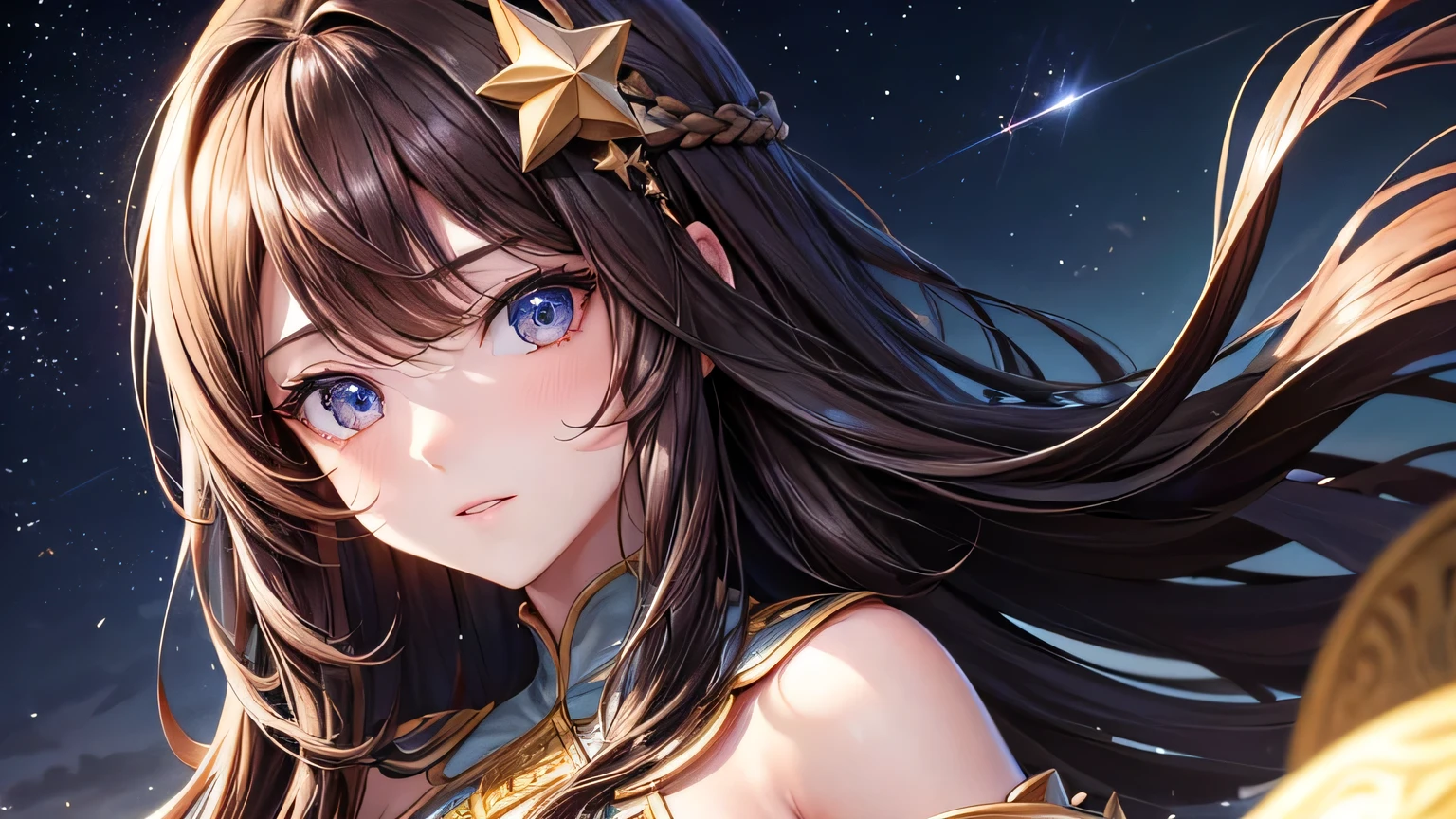 Beautiful woman 1.3, Beautiful brown hair、Straight Long Hair: 1.2, summer: 1.2,night: 1.1, Ultra-high resolution, Accurate, Super detailed, Textured skin, High detail, highest quality, 8k,Thin bangs,Upper Body,Well-drawn eyes, Focus on the face,Dressing in a modern style,Detailed hair depiction,Detailed depiction of eyes、Detailed depiction of hair、Upper Body、Starry Sky