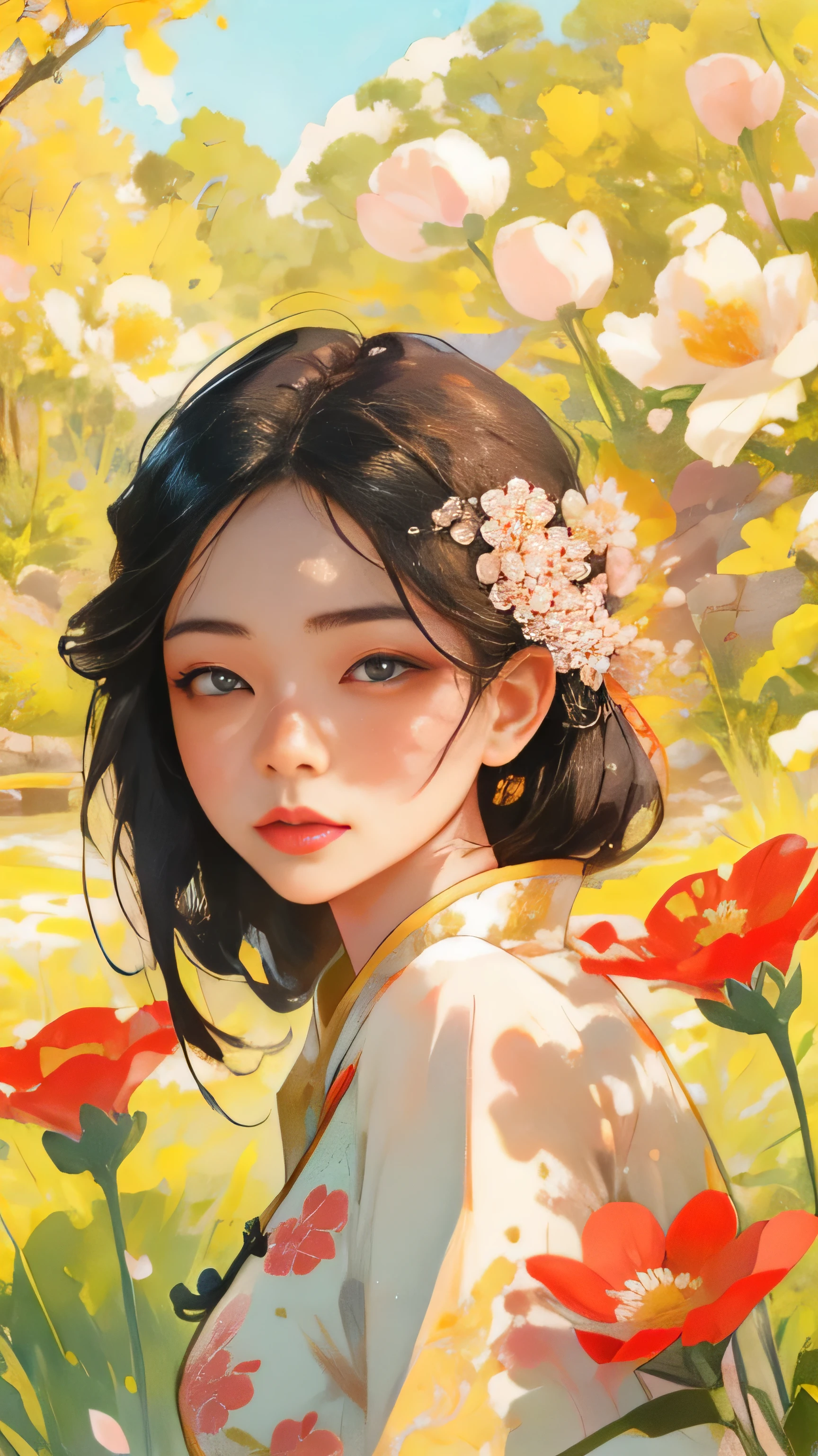 girl in a chinese garden, beautiful detailed eyes, beautiful detailed lips, extremely detailed face and features, long eyelashes, elegant traditional chinese dress, holding a flower, serene expression, spring scenery, blooming flowers, natural lighting, warm color palette, cinematic composition, highly detailed, 8k, photorealistic, masterpiece, digital art