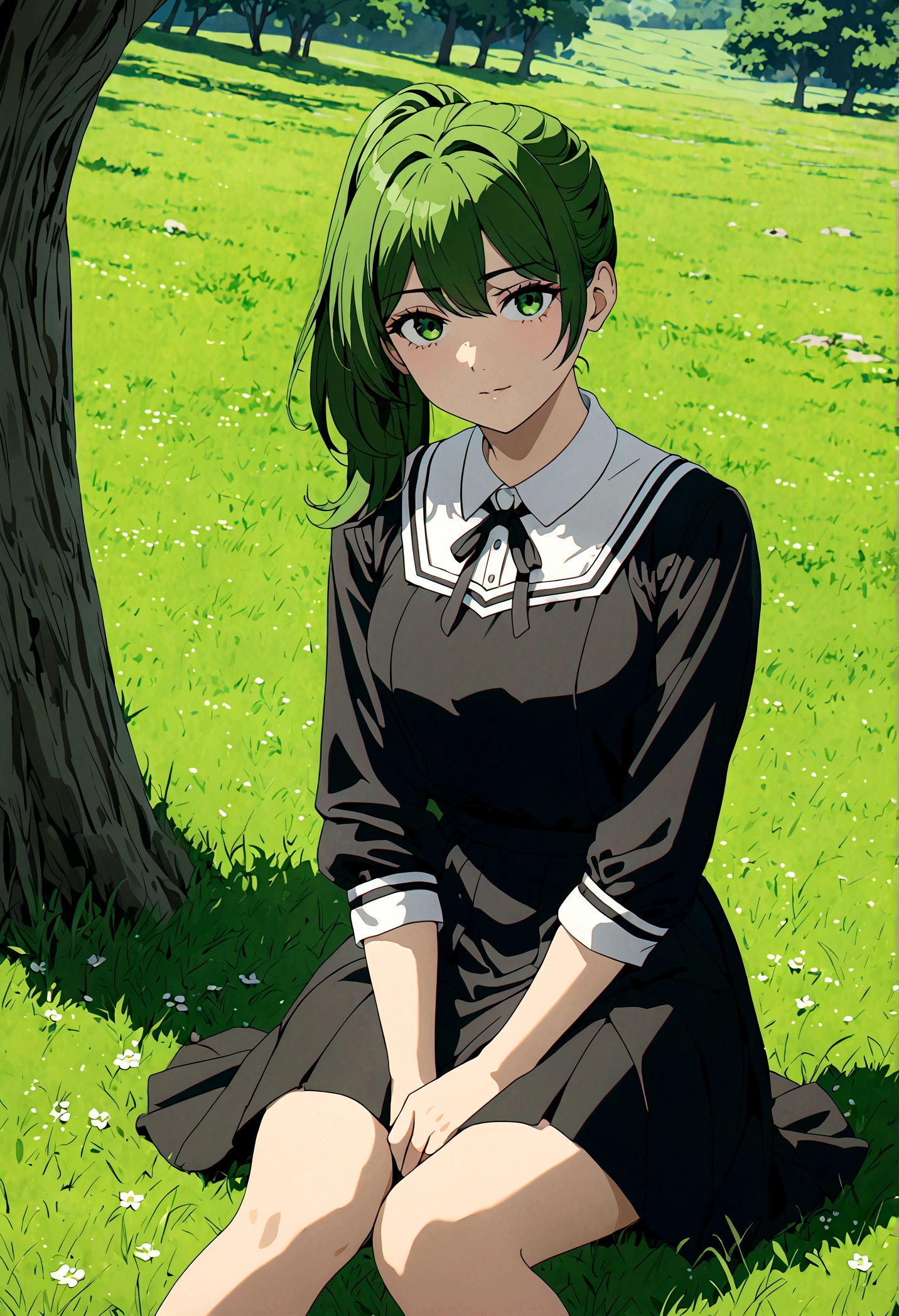 (masterpiece), best quality, expressive eyes, perfect face, A high school girl wearing a black dress She has a ponytail. sitting under a tree on the grass land ,looking at viewer, green hair