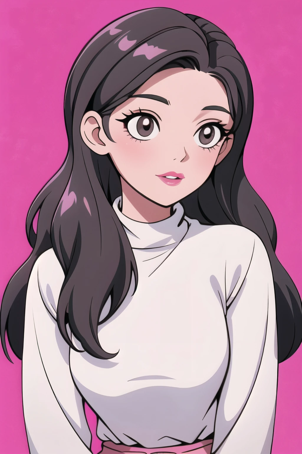 Girl, long light brown hair, dark gray eyes, sharp features, white skin, bright pink lips, beautiful, bright colored sweater