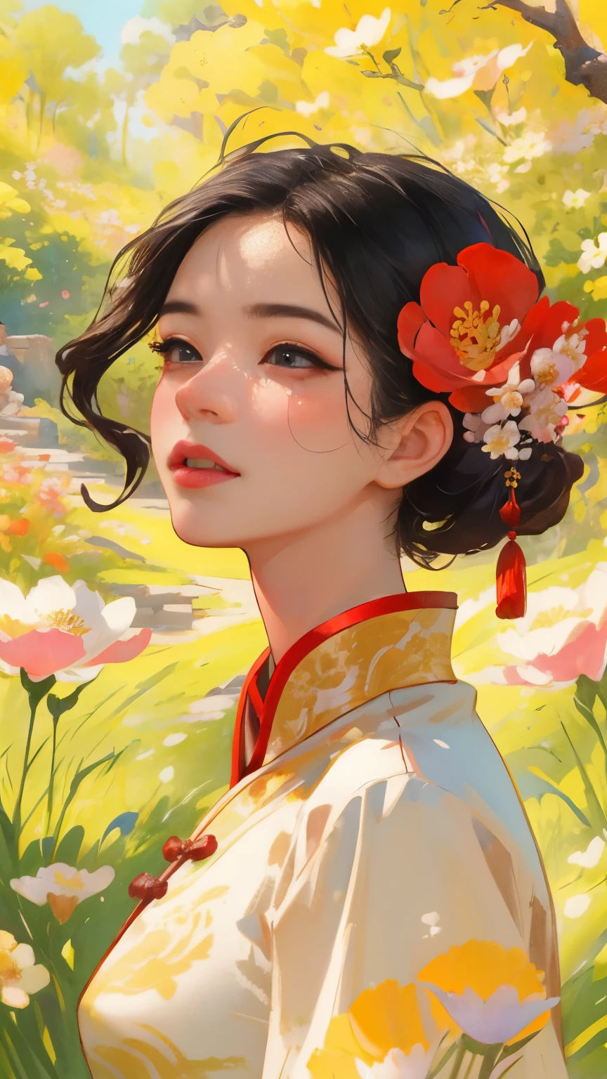 girl in a chinese garden, beautiful detailed eyes, beautiful detailed lips, extremely detailed face and features, long eyelashes, elegant traditional chinese dress, holding a flower, serene expression, spring scenery, blooming flowers, natural lighting, warm color palette, cinematic composition, highly detailed, 8k, photorealistic, masterpiece, digital art