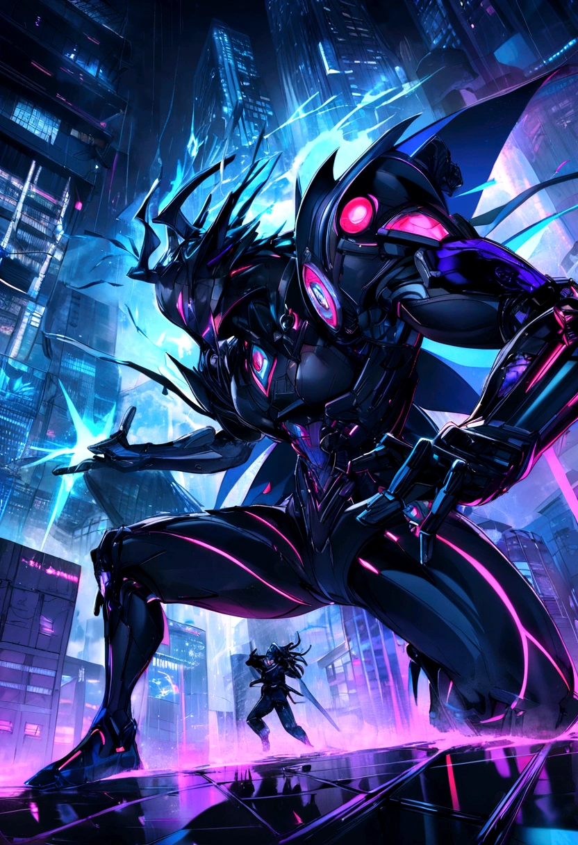 Demon Bael,Has three heads:One is a human head、One is a frog's head、One is a cat's head. A dystopian world., Wearing a stylish black armor suit、, Glowing blue eyes and advanced cybernetic enhancements. Ninjas are seen in dynamic action poses, Neon-lit rooftop, rain pouring down、reflection on a smooth surface. The cityscape below is filled with towering skyscrapers., illuminated by colorful holographic advertisements. Depicts a ninja sword, Its blade shines with blue energy, Ready for strike. The overall atmosphere is dark and mysterious., Has a futuristic techno vibe. The lighting is dramatic, Intense highlights and deep shadows, Creates depth and tension. Color Palette