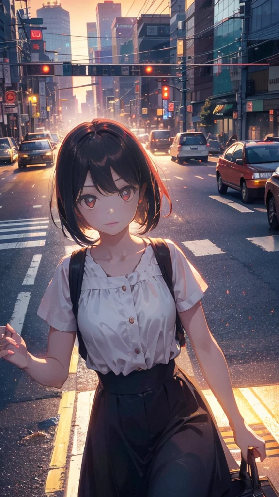 A shining sunset,sunset,Cars passing by on the road,Tokyo city,traffic jam,Girl 1 with short bob and red eyes is crossing the street,Top-down view