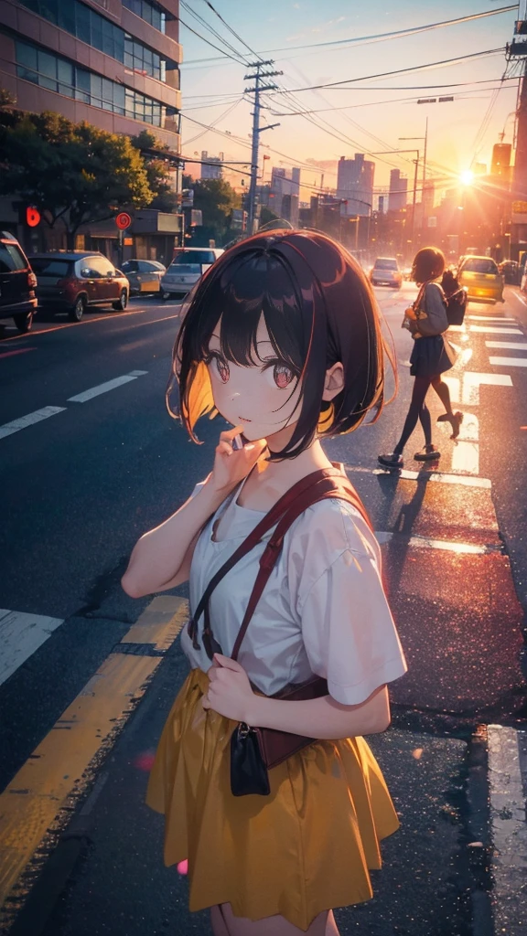 A shining sunset,sunset,Cars passing by on the road,Tokyo city,traffic jam,Girl 1 with short bob and red eyes is crossing the street,Top-down view