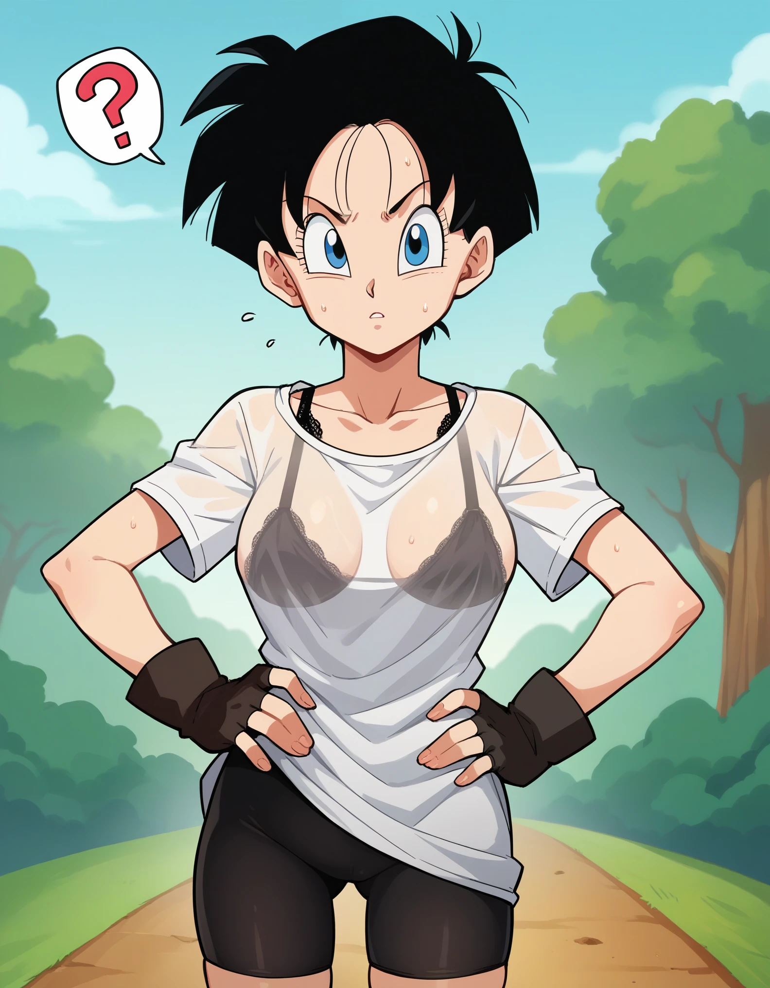 score_10, score_9, score_8_up, score_7_up, score_6_up, score_5_up, score_4_up, BREAK, source_anime, anime screencap, anime coloring, videl, black hair, blue eyes, eyelashes, parted bangs, short cut, (see-through) bike shorts, black gloves, see-through black legwear, collarbone, fingerless gloves, gloves, shirt, short sleeves, white shirt, T-shirt is transparent with sweat and her sexy black lace fabric bra is showing through, medium sagging breasts, skinny, (short stack:0.5) outside, looking at viewer, cowboy shot, dutch angle, standing, hand on hip, :o, question mark