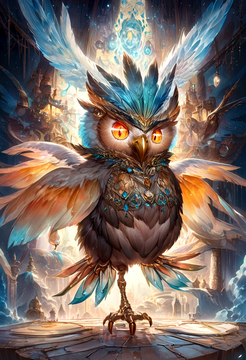 Cute and adorable Fantasy owl, Bird of Paradise, Sparrow, whole body, Shiny metallic jewelry depth, Neon eyes of glowing smoke, Frost Metal Lace, Fantasy, sunlight, Sunbeam, Intricate details. 8k, dream-like, Surrealism, So cute, Symmetric, Soft lighting, Trending on Art Station, Intricate detailss, Very detailed, Unreal Engine, Ross Tran, Wow, Artgerm and James Jean, Brian Froud, Art illustration：Miho Hirano, Namy Kanani, Oil on canvas by Aikut Aiddo, oil, strong stroke, Paint dripping、Spread your wings、