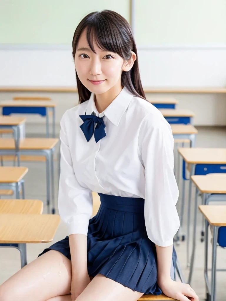 （（１6-year-old Japanese high school girl：1.2、uniform））、sexy：1.2、((highest quality, 8k, masterpiece:1.3))、((Realistic:1.5))、((Reality:1.5))、(Photorealistic:1.4)、Perfect lighting、完璧な体型のbeautiful女性:1.4、Golden Ratio, (Filmed in a school classroom)、（thin脚：1.2、Small Ass：0.5）、Highly detailed face and skin texture、Face focus、Detailed eyes、(Cleavage exposed:1.1)、(Small Bust、beautiful)、cheeks are uplifted、Seeing the viewer、Bust-up portrait、（（beautiful胸、thinな美しさ、Tight waist））、Cute Smile：1.2、Fluorescent lamp、thin、Young girl、，thin：1.2、After school classes、Sit on a desk、Navy Knee Socks、loafers、(Wearing a white collared shirt:1.1, Old shirt：1.****ur shirt is wet：1.1、Regimental bow tie）、（Very short pleated skirt 1.2、Checked skirt：1.2、）、