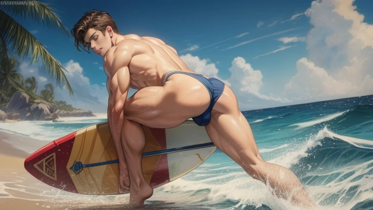 Oil painting, A handsome Fifteenth century page Young boy Brent Everett Surfing, , athletic build, ideal body, aesthetically beautiful, erotically tempting, seducing, offering himself With a beautiful sexy panties With round perfect buttocks, muscular, sweaty after a workout, diamond all over the body, Back view art by Alphonse Mucha, UHD, 8k, Show men only .8k Ultra HD, DSLR, dim lighting, high quality, film grain, Fujifilm XT3, male fan, 2-person, two-person model.