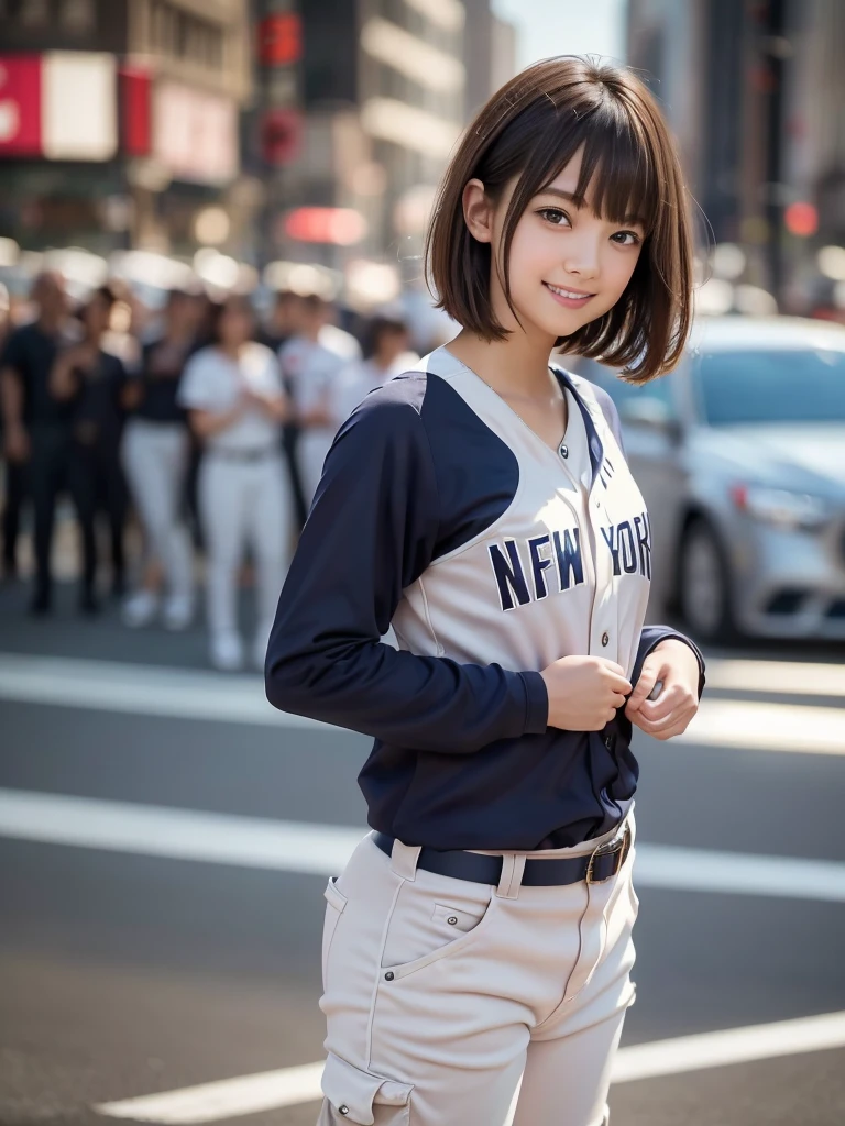 (8k, RAW Photos, highest quality, masterpiece:1.2), (Realistic, photo-Realistic:1.4), (Highly detailed 8k wallpaper), ((Full Body Shot)), (1 girl), Sharp focus, Depth of written boundary, Cinematic lighting, Soft Light, 緻密な美しさのeye, eye_Chan, Very beautiful 17 year old girl, innocent big eyes, Realistic, photo Realistic, Highly detailed cute girl, (Thin thighs), (Model Body Type), 18-year-old, (((New York Yankees Uniforms))), ((Cargo long pants)), (((Fold your arms in front of your chest and act arrogantly))), ((A happy smile)), Parted lips, Watching the audience, (On the streets of New York) , (Brown Hair),（Short Bob Hair), (Asymmetrical bangs)