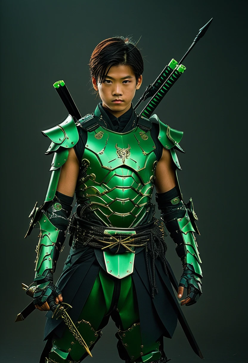 1 boy dressed in a green suit holding a bow and a energy arrows, cyborg samurai, cyber japan samurai armor, cyberpunk samurai, very beautiful cyberpunk samurai, full samurai armor spiderman, bio - mechanical ninja samurai, portrait of a cyberpunk samurai, cyber japan style armor, cyber japan armor, celtic and cyberpunk armor, black bull samurai, intricate assasin mecha armor